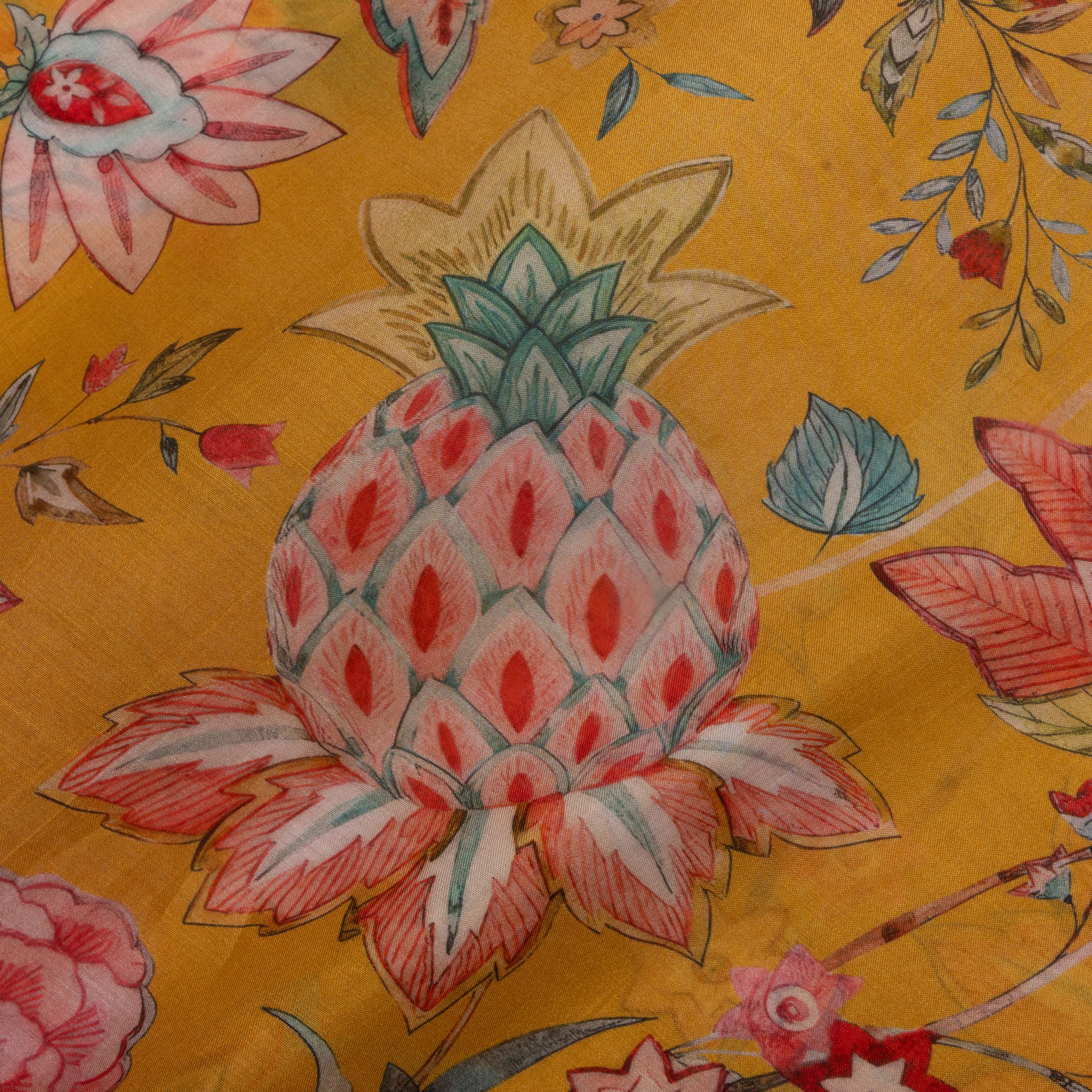 Mustard Yellow Floral Printed Silk Fabric