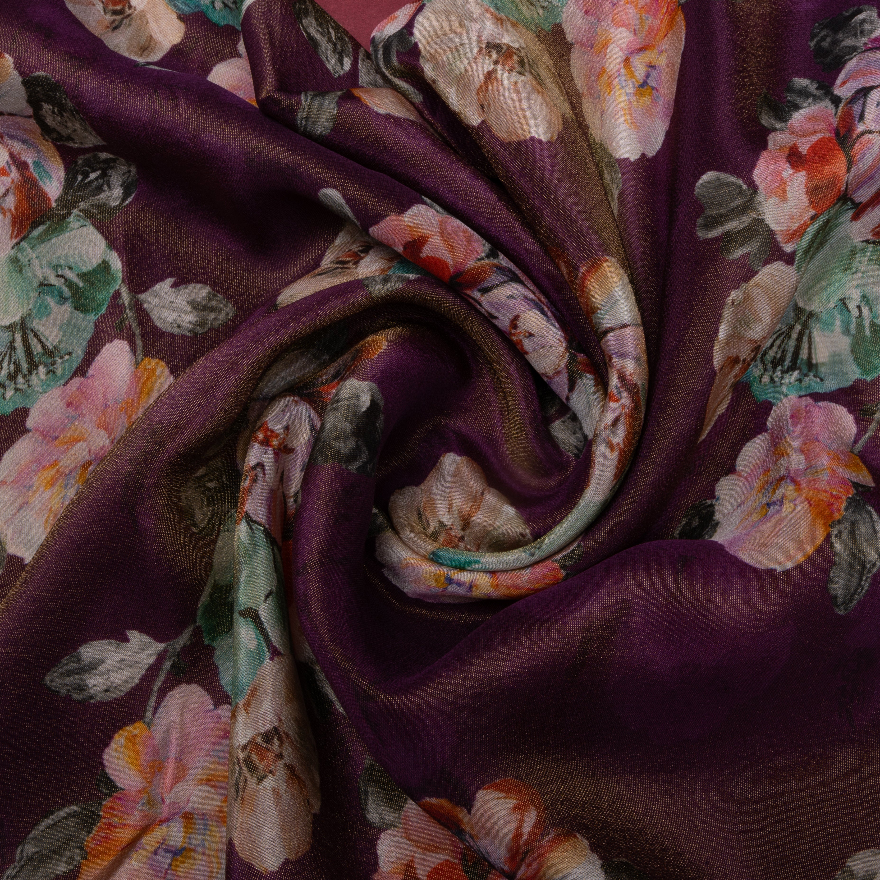 Plum Purple Digital Printed Floral Tissue Fabric