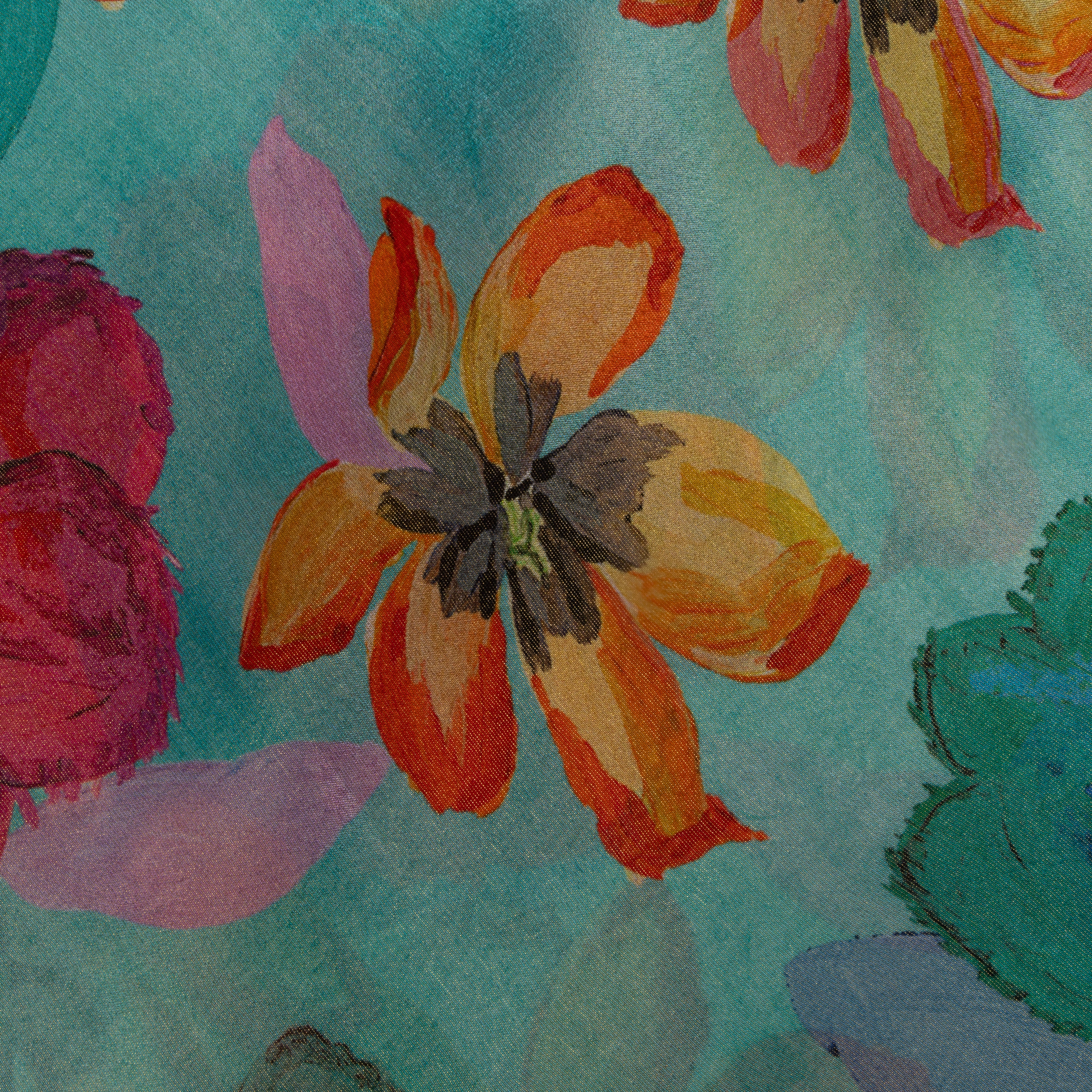 Turquoise Blue Digital Printed Floral Tissue Fabric