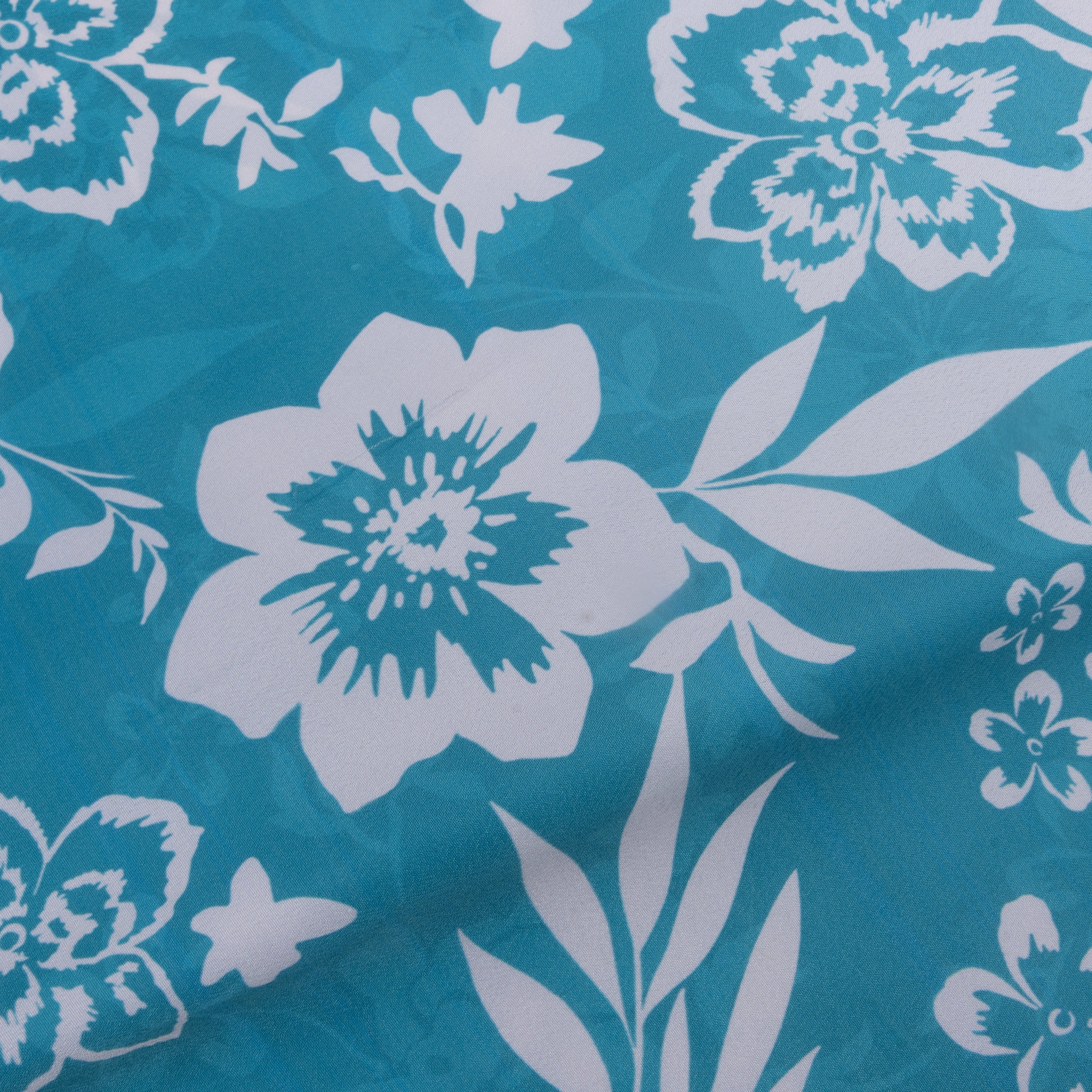 Turquoise Blue Lotus Printed Silk Fabric