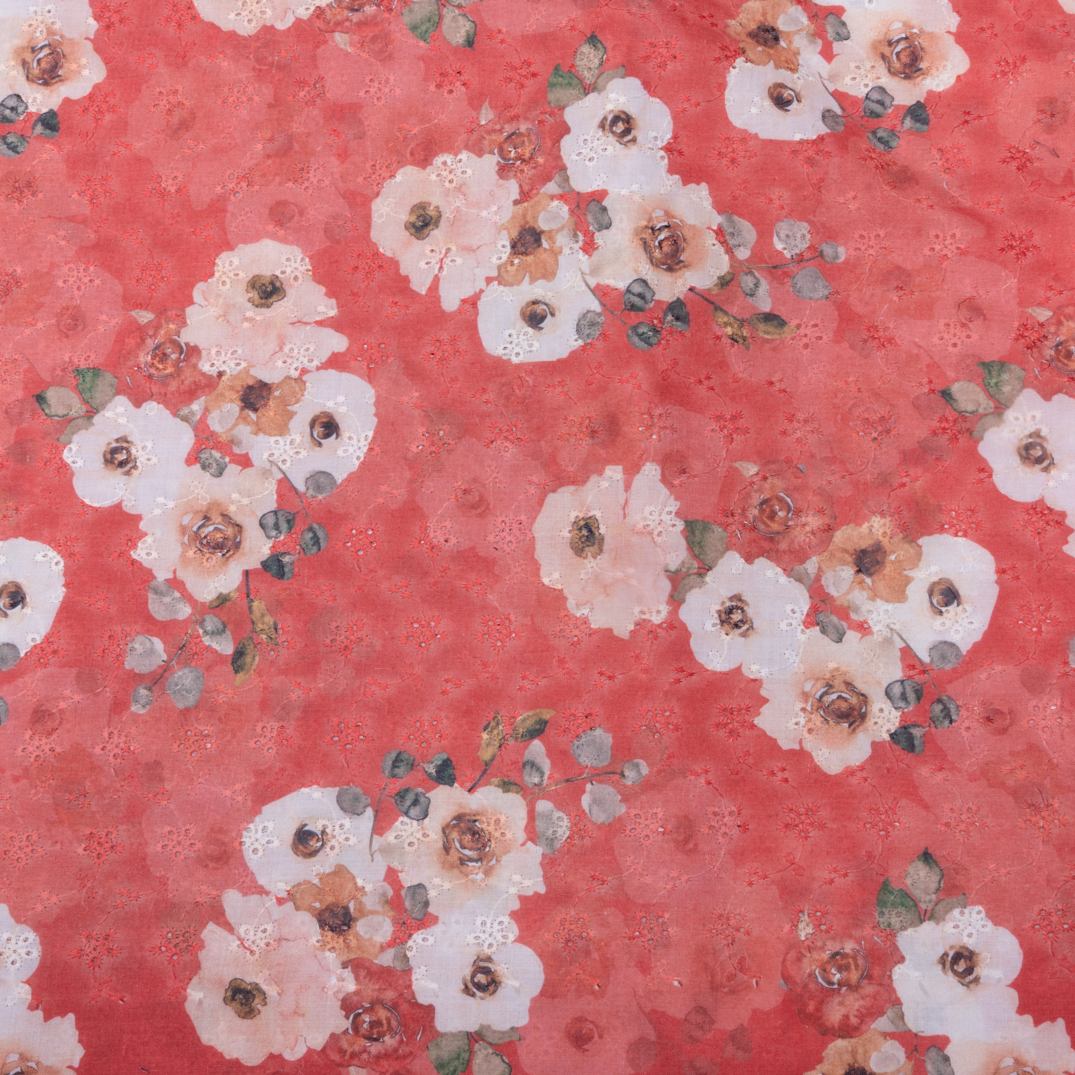 Coral Pink Floral Thread Work Cotton Fabric