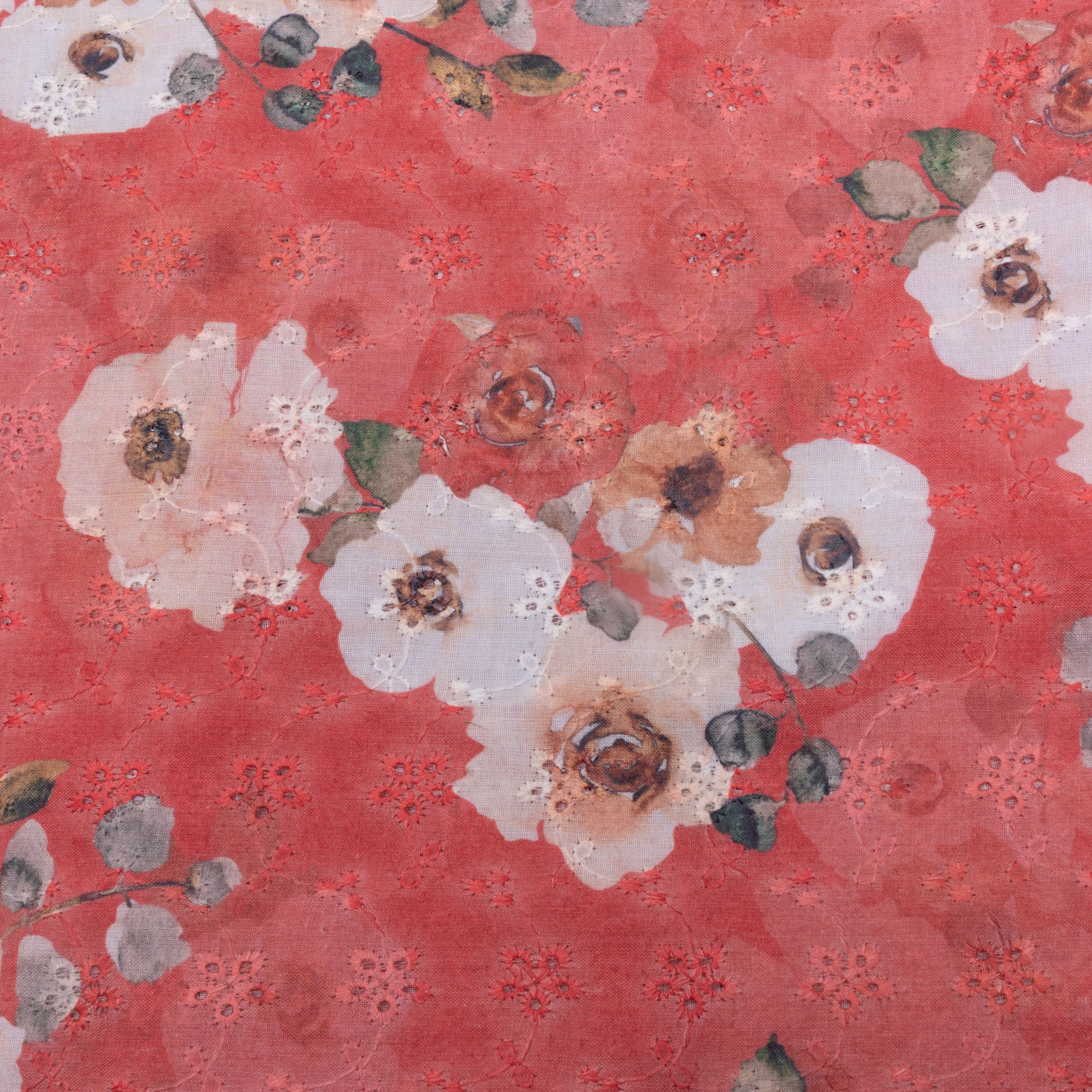 Coral Pink Floral Thread Work Cotton Fabric