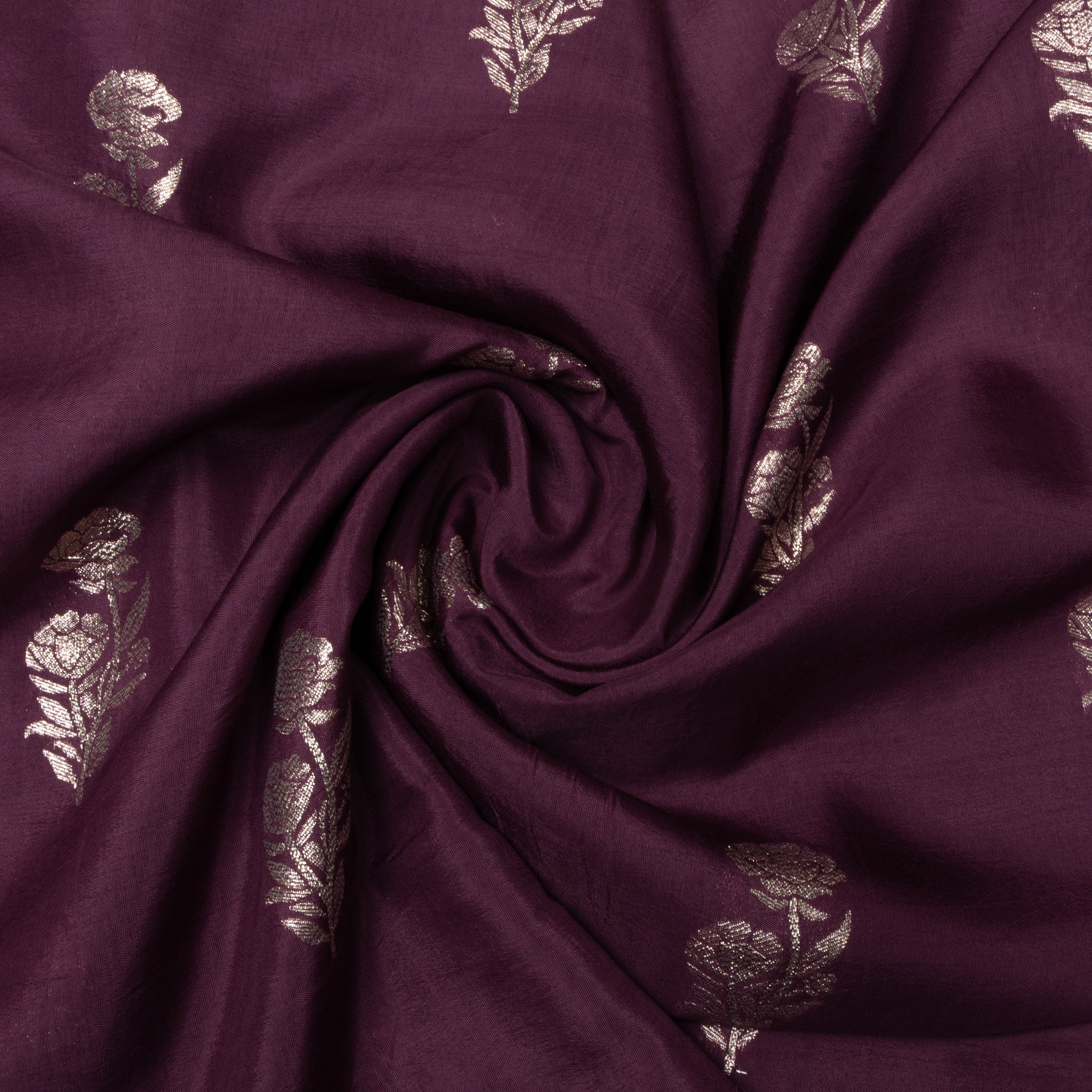 Plum Purple Floral Jamawar Silk Fabric