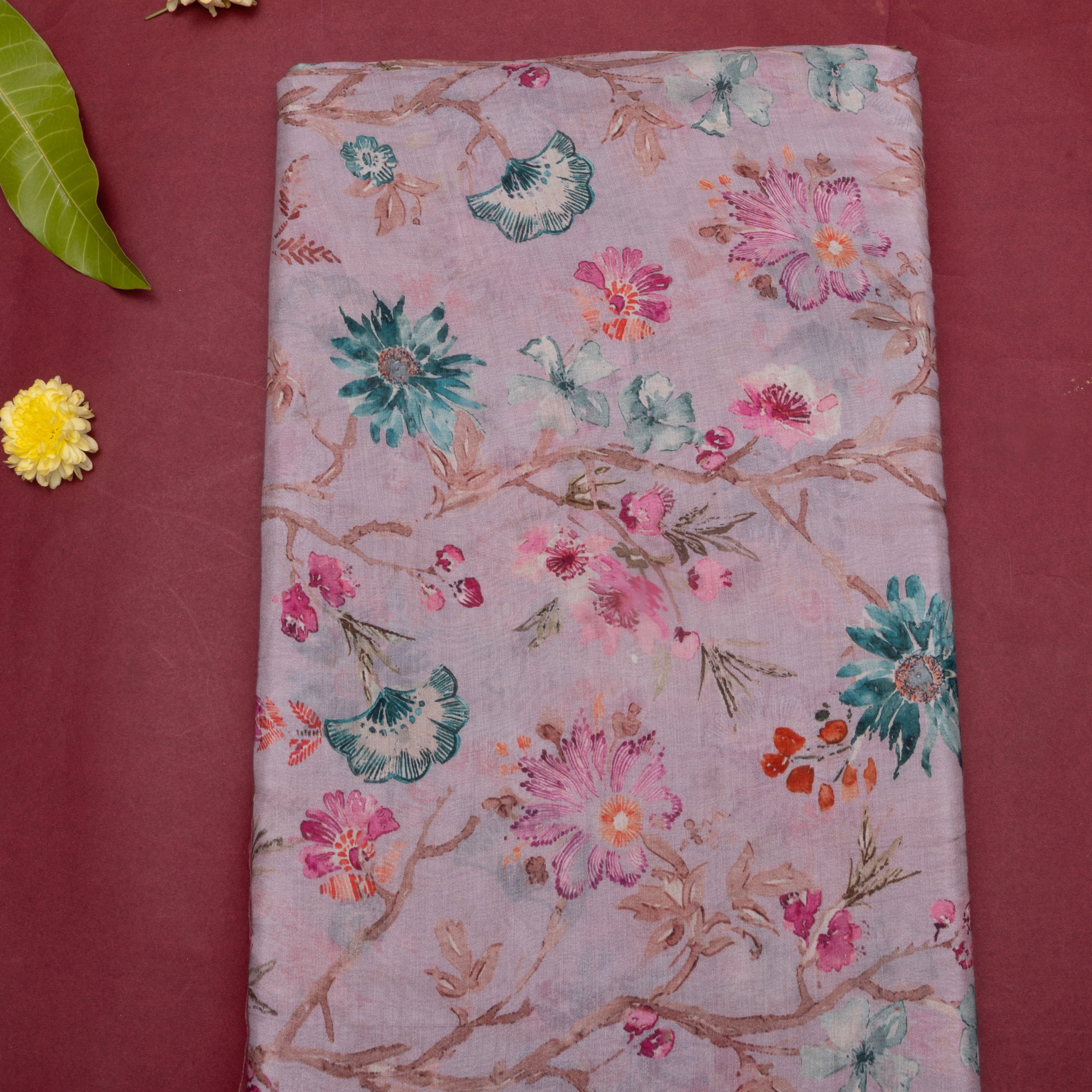 Soft Lilac Floral Printed Silk Fabric
