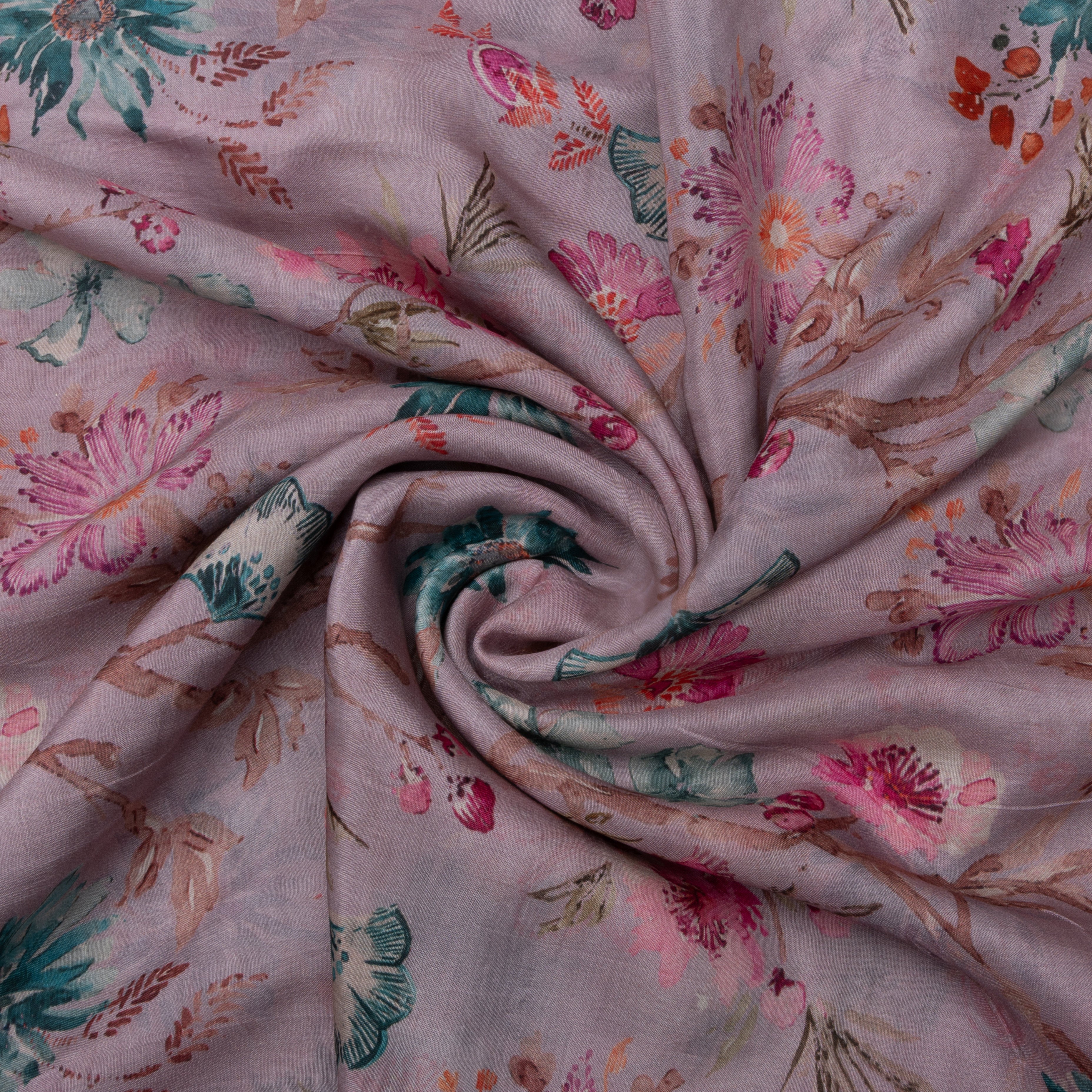 Soft Lilac Floral Printed Silk Fabric