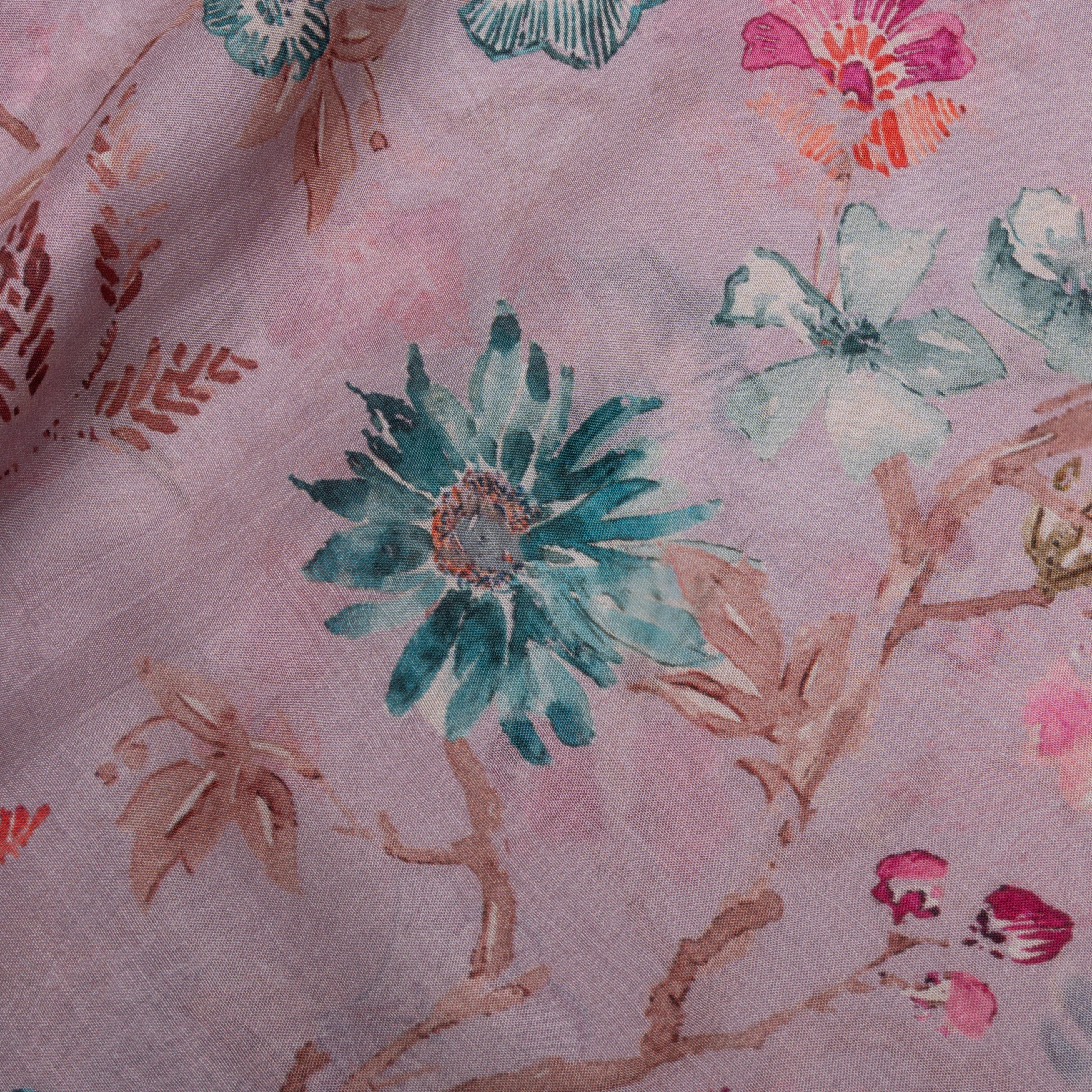 Soft Lilac Floral Printed Silk Fabric