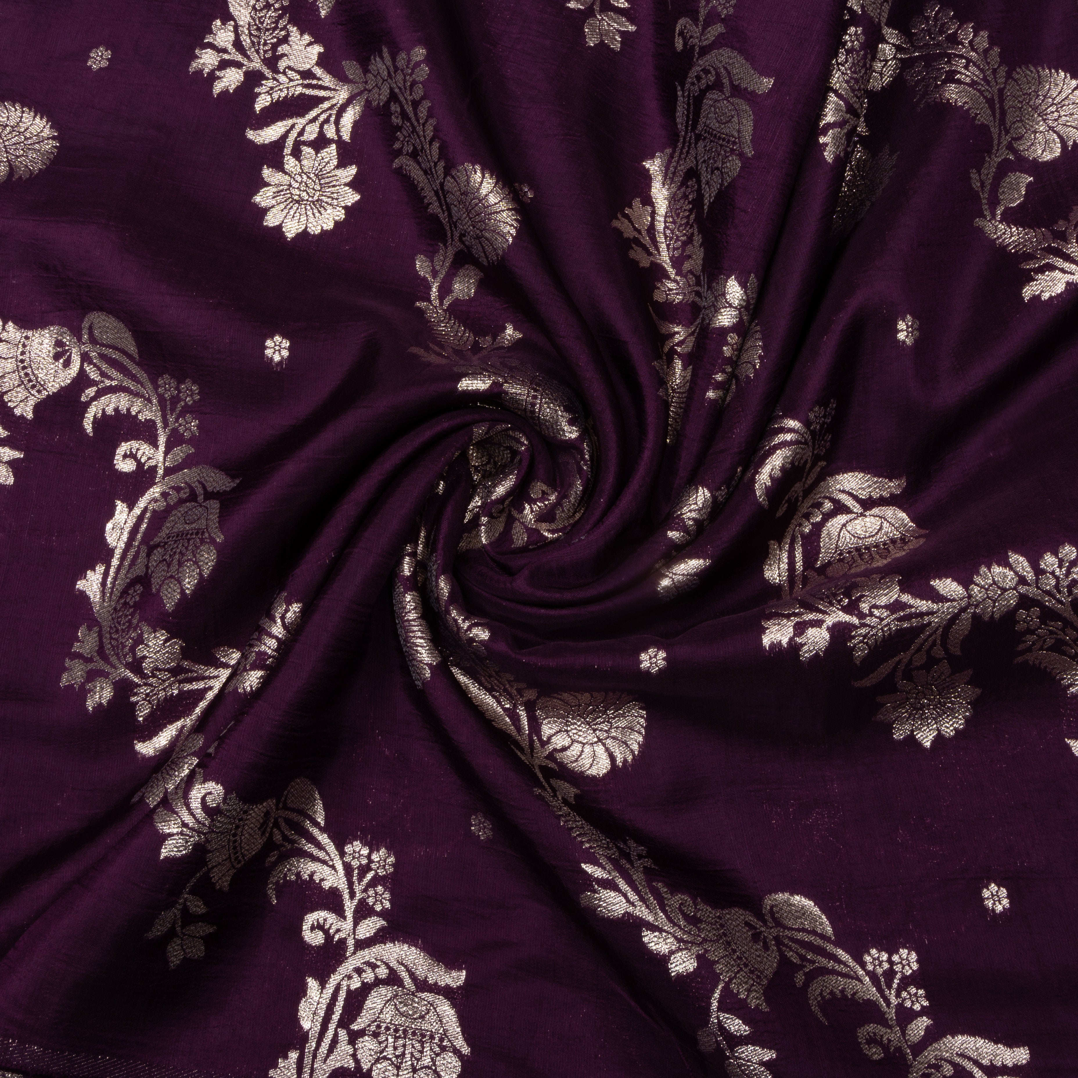 Dark Purple Floral Jamawar Silk Fabric