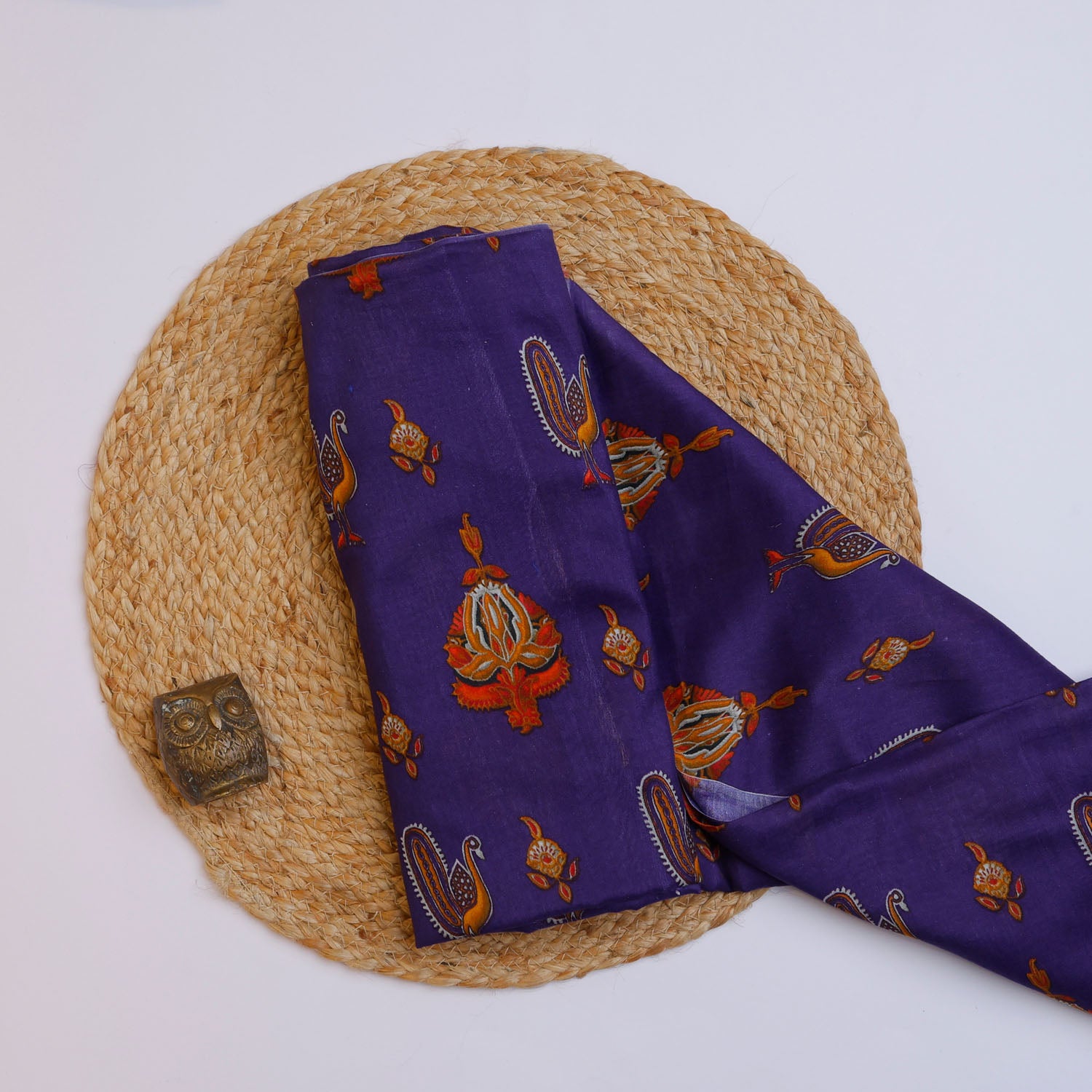 Purple Blue Color Chanderi Fabric With Printed Nature Inspired Motifs