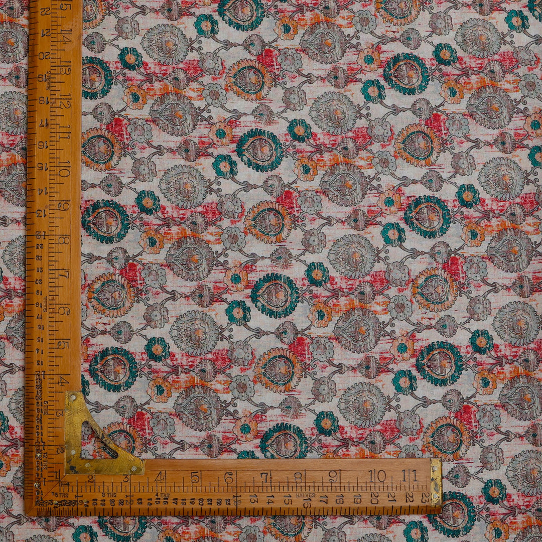 Cream Color Linen Fabric With Printed Floral Pattern