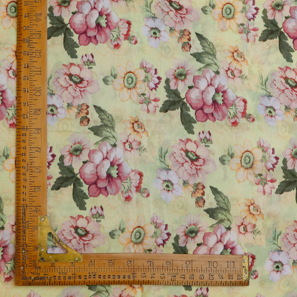 Pastel Yellow Color Chanderi Fabric With Printed Floral Pattern