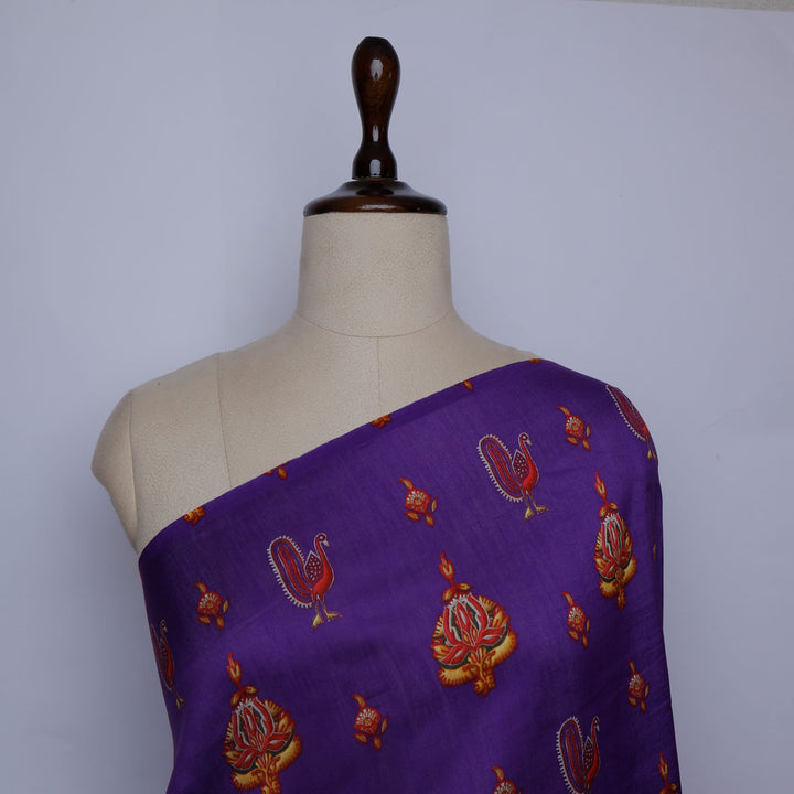Purple Blue Color Chanderi Fabric With Printed Nature Inspired Motifs