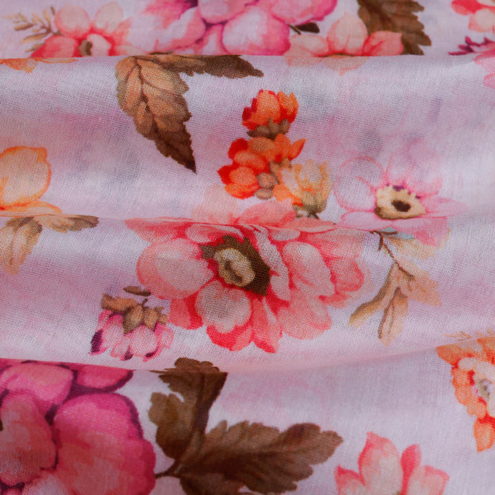 Blush Pink Color Chanderi Fabric With Printed Floral Pattern