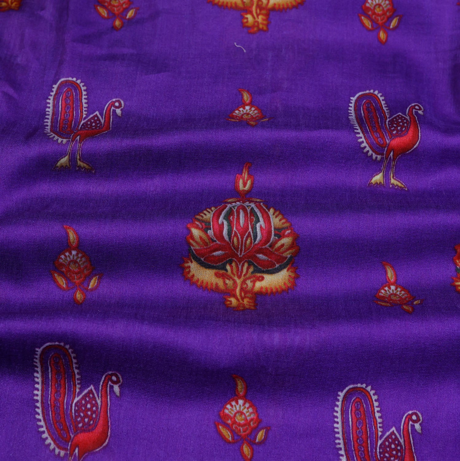 Purple Blue Color Chanderi Fabric With Printed Nature Inspired Motifs