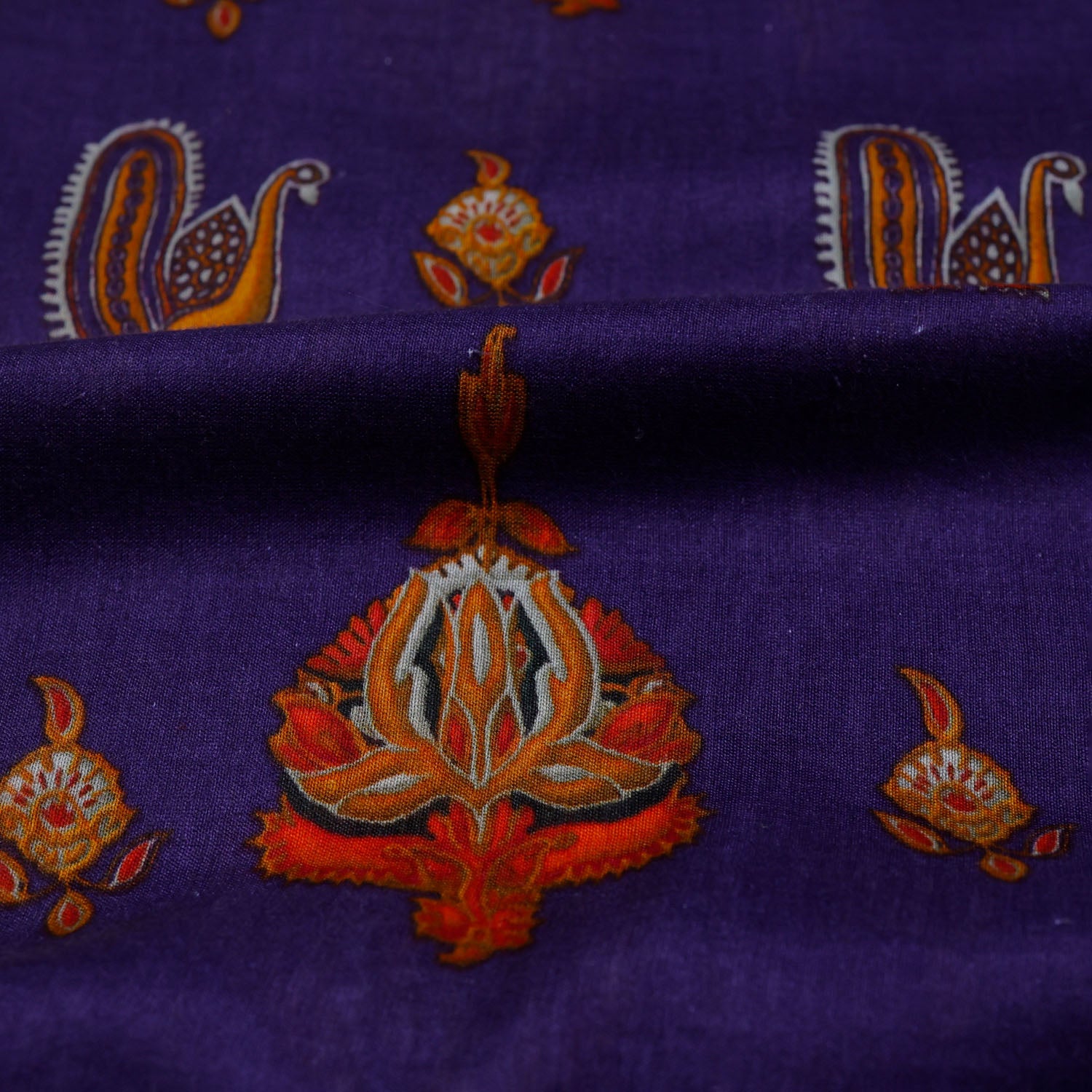 Purple Blue Color Chanderi Fabric With Printed Nature Inspired Motifs