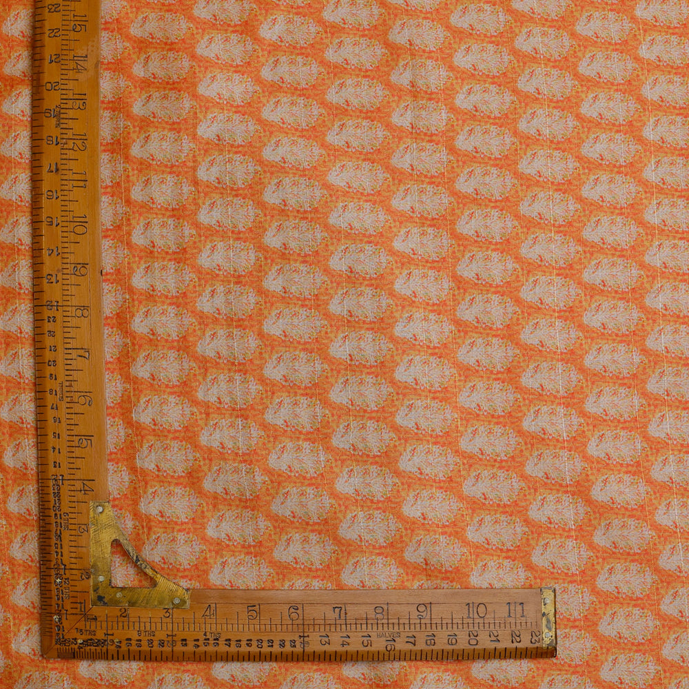 Fire Orange Color Tussar Fabric With Leafs Pattern