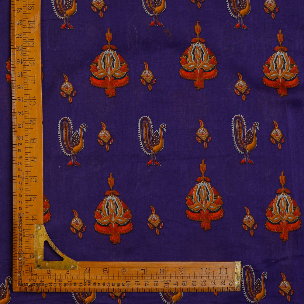 Purple Blue Color Chanderi Fabric With Printed Nature Inspired Motifs
