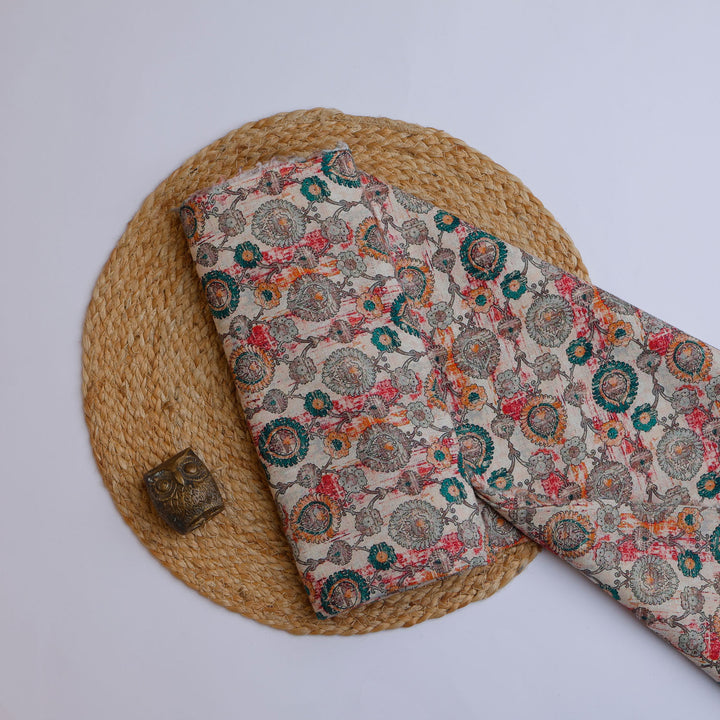 Cream Color Linen Fabric With Printed Floral Pattern