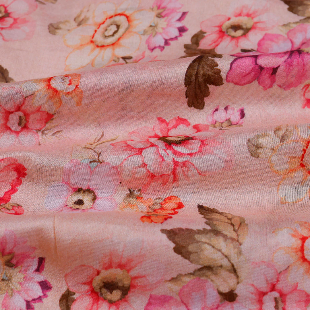 Pastel Pink Color Chanderi Fabric With Printed Floral Pattern