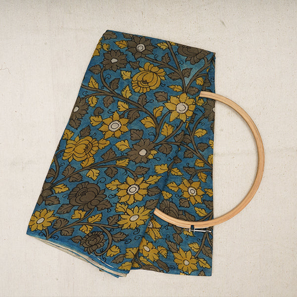 Pearl Gentian Blue Floral Jaal Hand Painted Kalamkari Handloom Fabric