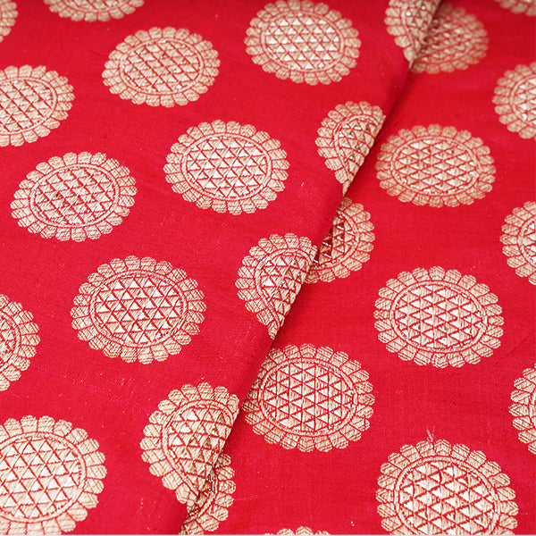 Crimson Red Banarasi Brocade Silk Handloom Fabric With Floral Buttas
