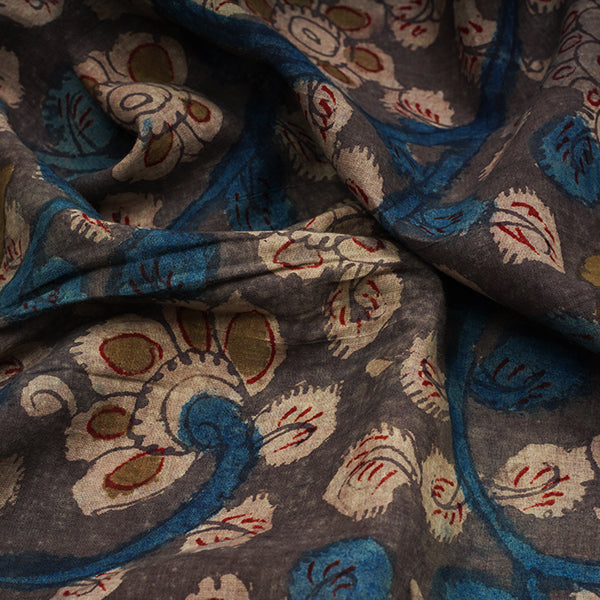 Cebar Brown Floral Jaal Hand Painted Kalamkari Handloom Fabric