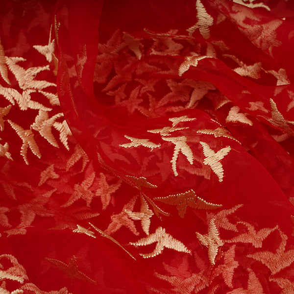 Carmine Red Brid Motifs Embroidery Organza Fabric