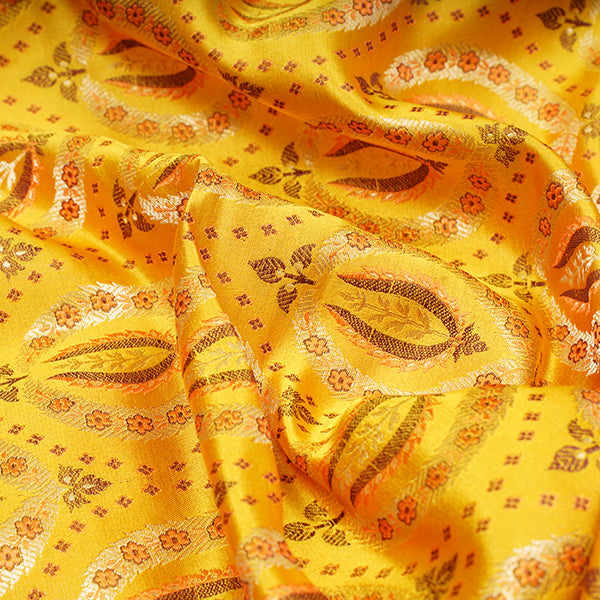 Sunglow Yellow Banarasi Ektara Silk Handloom Fabric With Floral Jaal Design