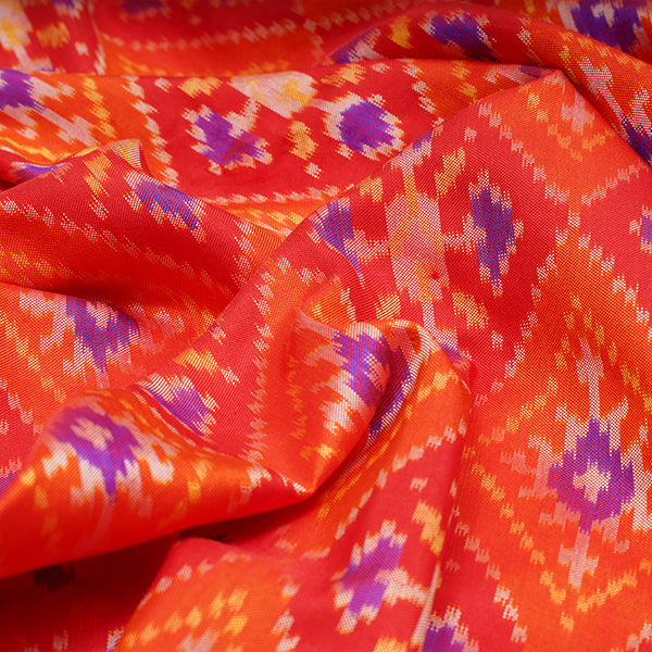 Coco- Cola Red Ikat Silk Handloom Fabric With Kanchi Border