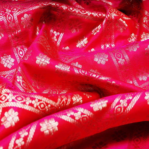 Deep Pink Kanjivaram Silk Handloom Fabric With Floral Motifs
