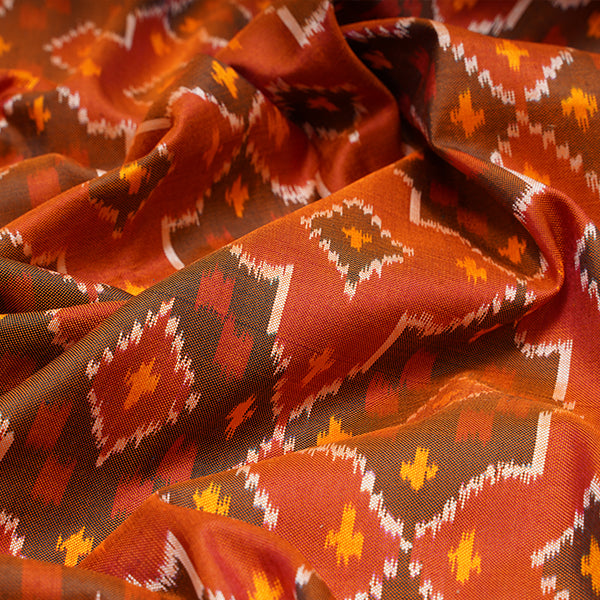 Persimmon Ikat Silk Geometric Pattern Handloom Fabric