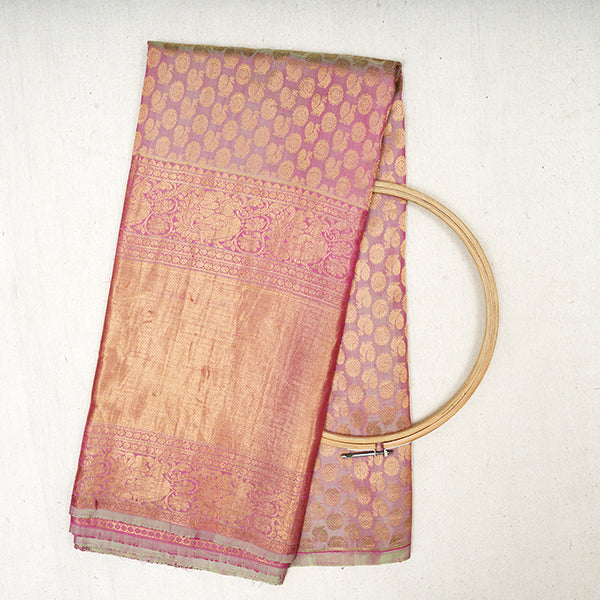 Dual Toned Beige Red Kanjivaram Silk Handloom Fabric With Selfcolor Border