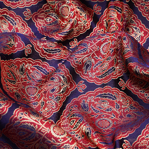 Ultramarine Blue Banarasi Ektara Silk Handloom Fabric With Floral Jaal Design