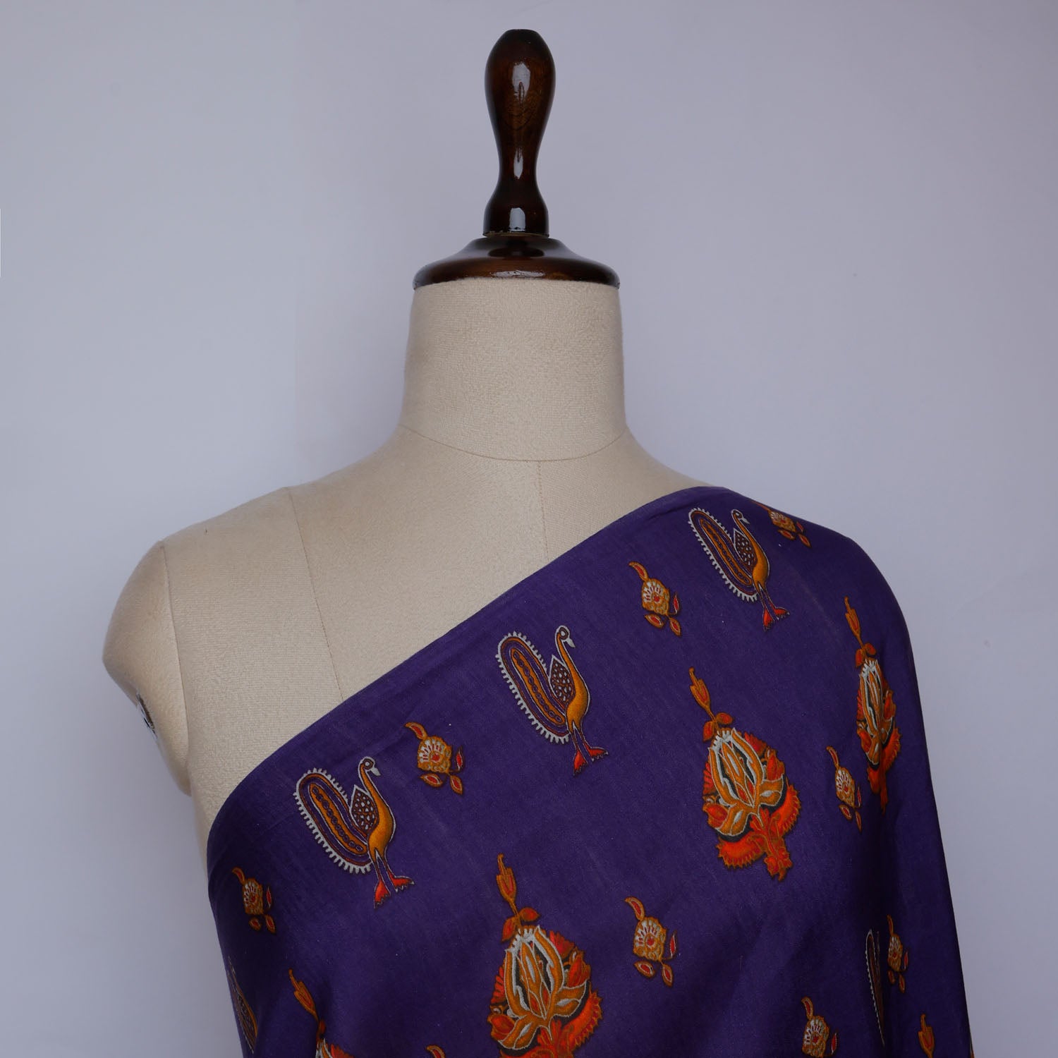 Purple Blue Color Chanderi Fabric With Printed Nature Inspired Motifs