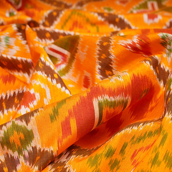 Dark Orange Ikat Silk Geometric Pattern Handloom Fabric