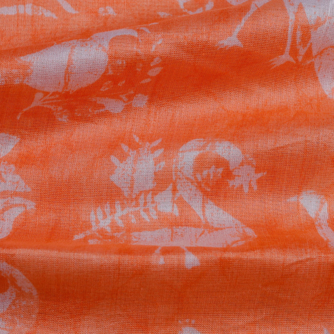 Smashed Pumpkin Orange Color Chanderi Fabric With Printed Nature Inspired Motifs