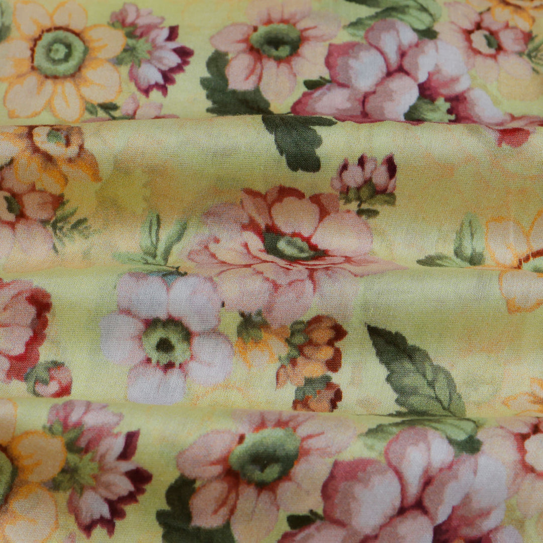 Pastel Yellow Color Chanderi Fabric With Printed Floral Pattern