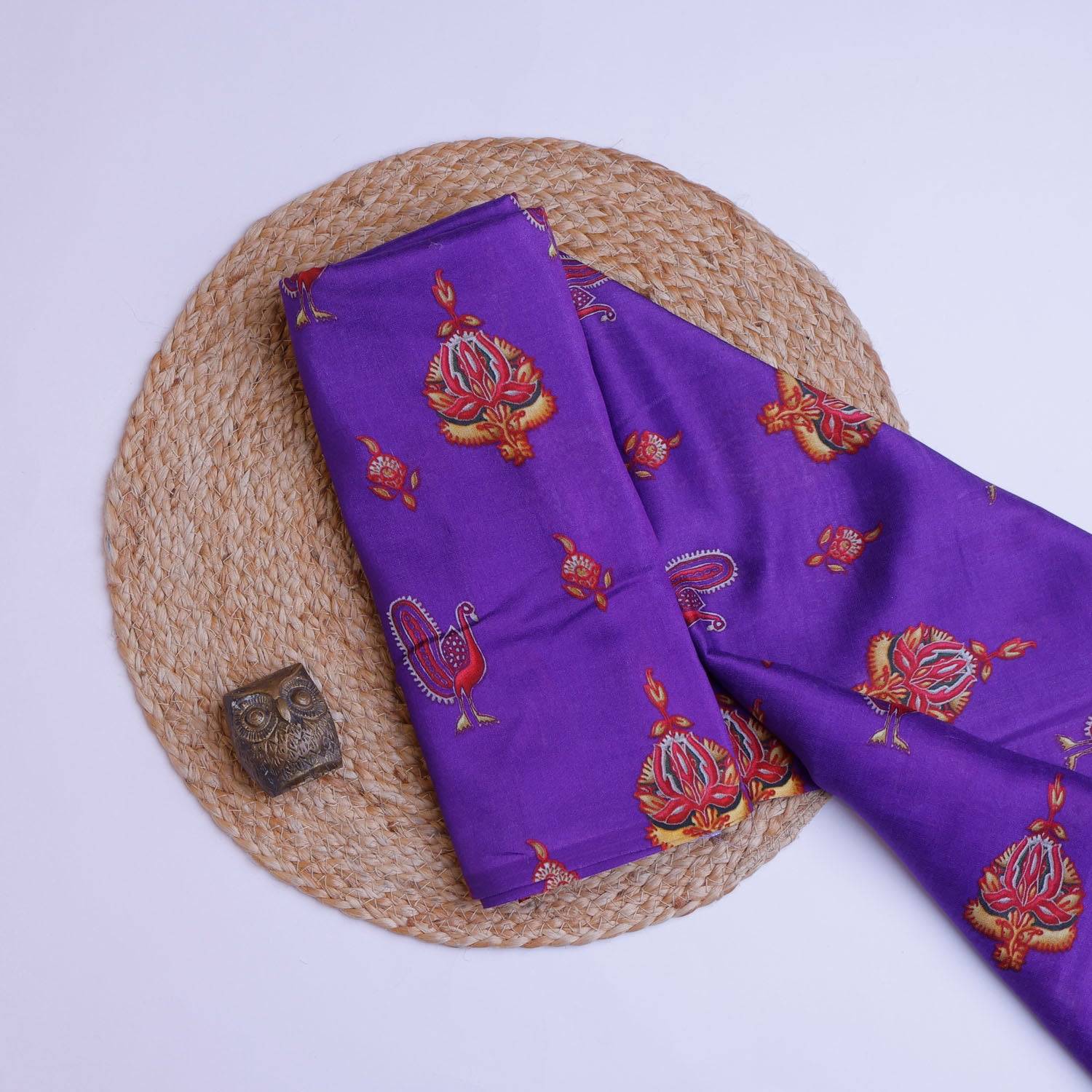 Purple Blue Color Chanderi Fabric With Printed Nature Inspired Motifs