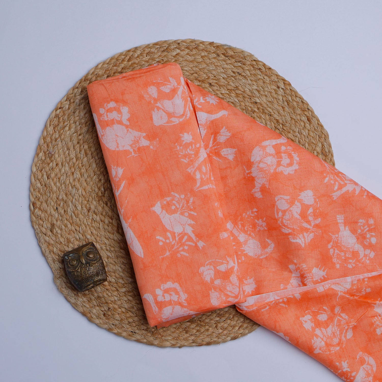 Smashed Pumpkin Orange Color Chanderi Fabric With Printed Nature Inspired Motifs