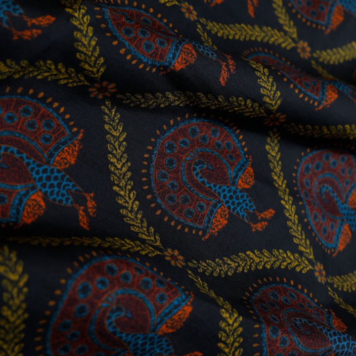 Jet Black Color Silk Fabric With Printed Nature Inspired Pattern