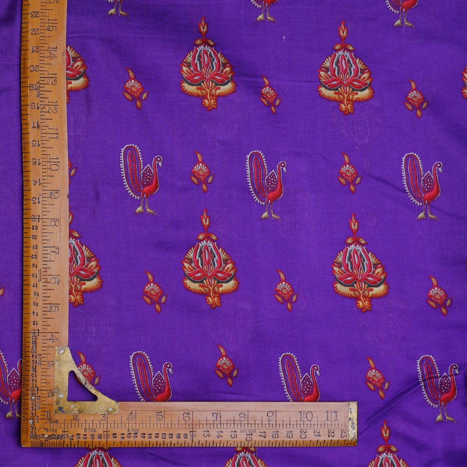 Purple Blue Color Chanderi Fabric With Printed Nature Inspired Motifs