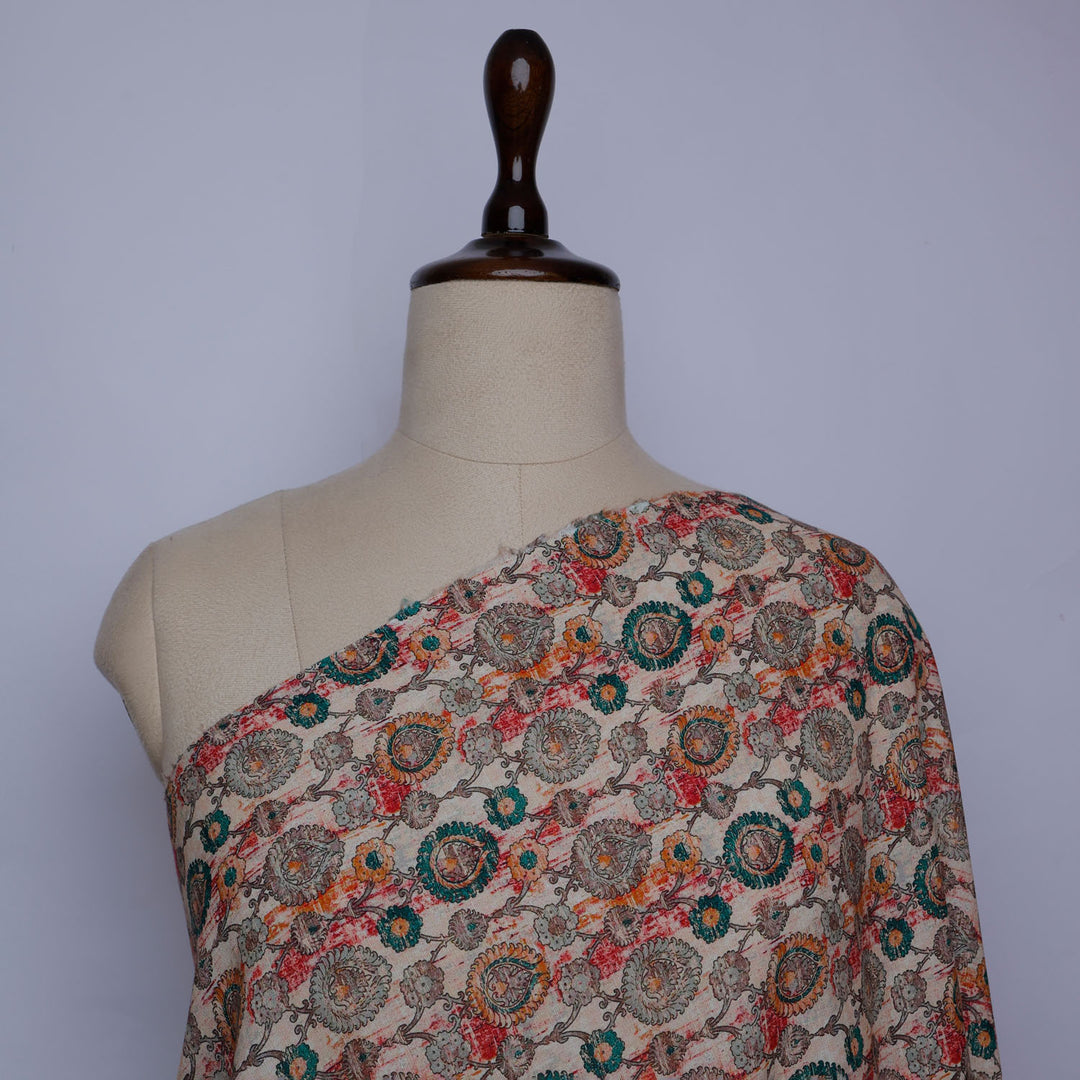 Cream Color Linen Fabric With Printed Floral Pattern