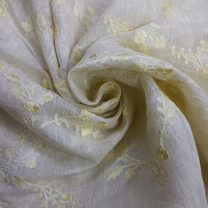Off-White Color Chanderi Floral Emboridered Fabric