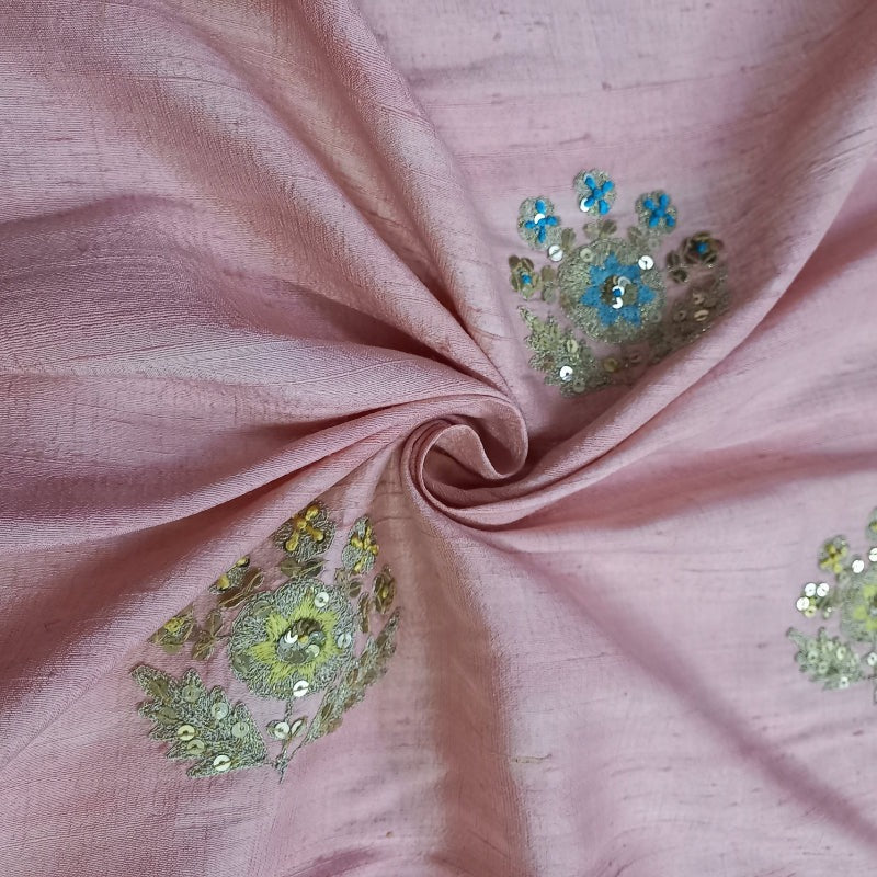 Baby Pink Color Silk Fabric With Sequence Floral Embroidered Buttas