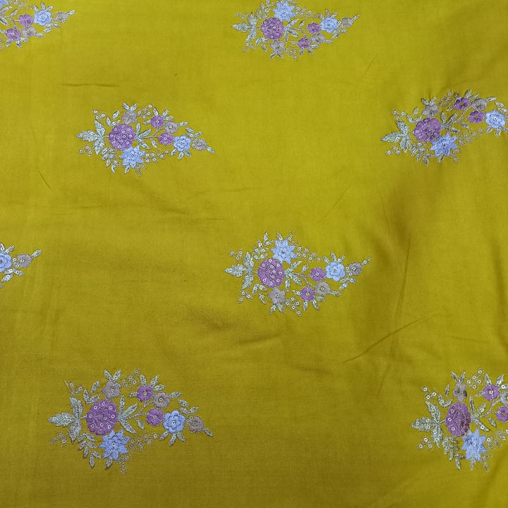 Musterd Yellow Silk Embroidered Floral Buttas Fabric