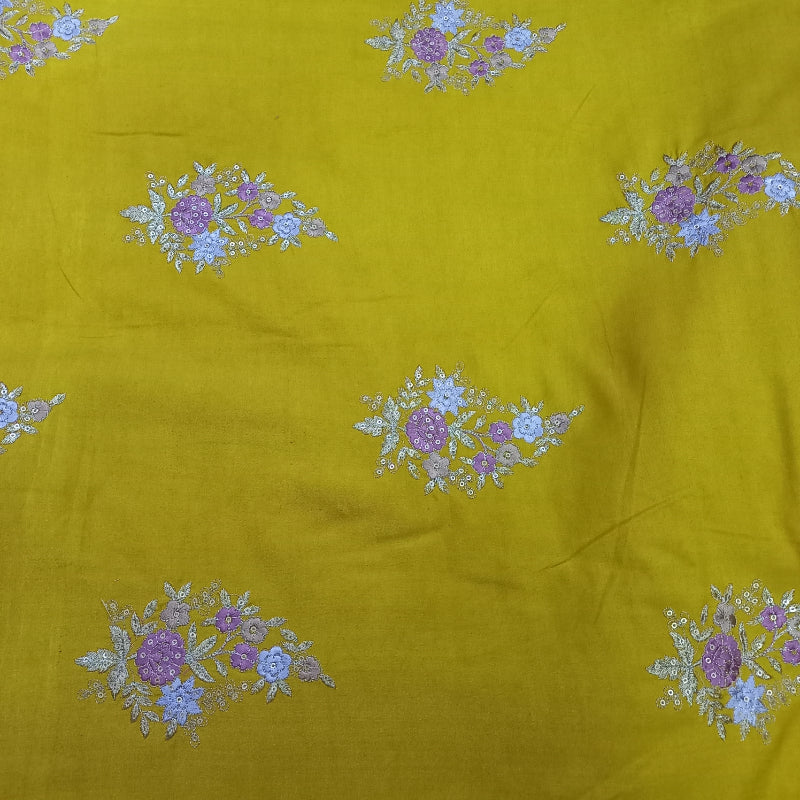 Musterd Yellow Silk Embroidered Floral Buttas Fabric