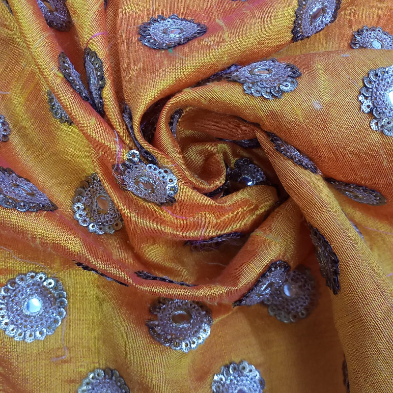 MeriGold Orange Color Rawsilk Fabric With Floral Embroidery