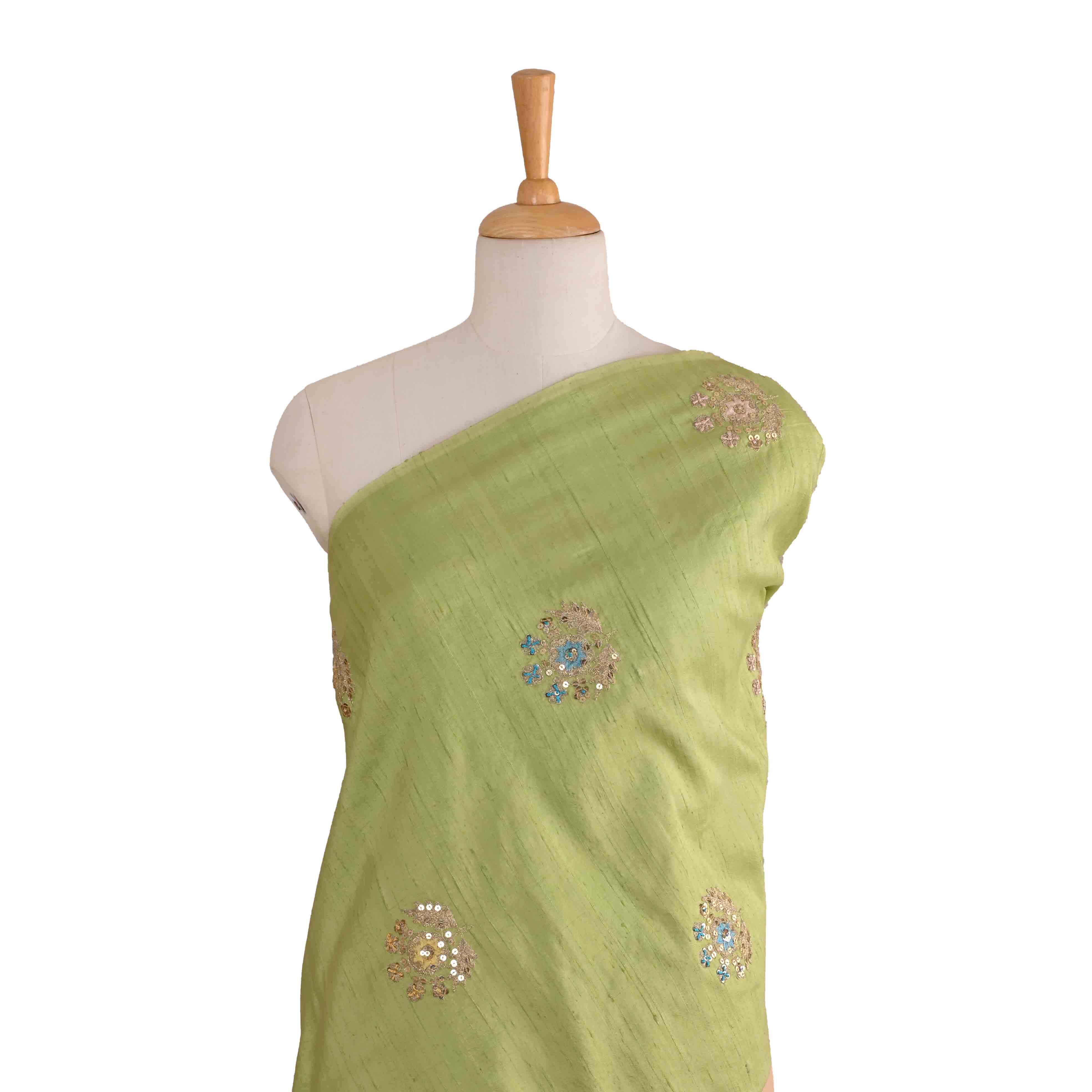 Light Olive Green Dupion Embroidered Fabric