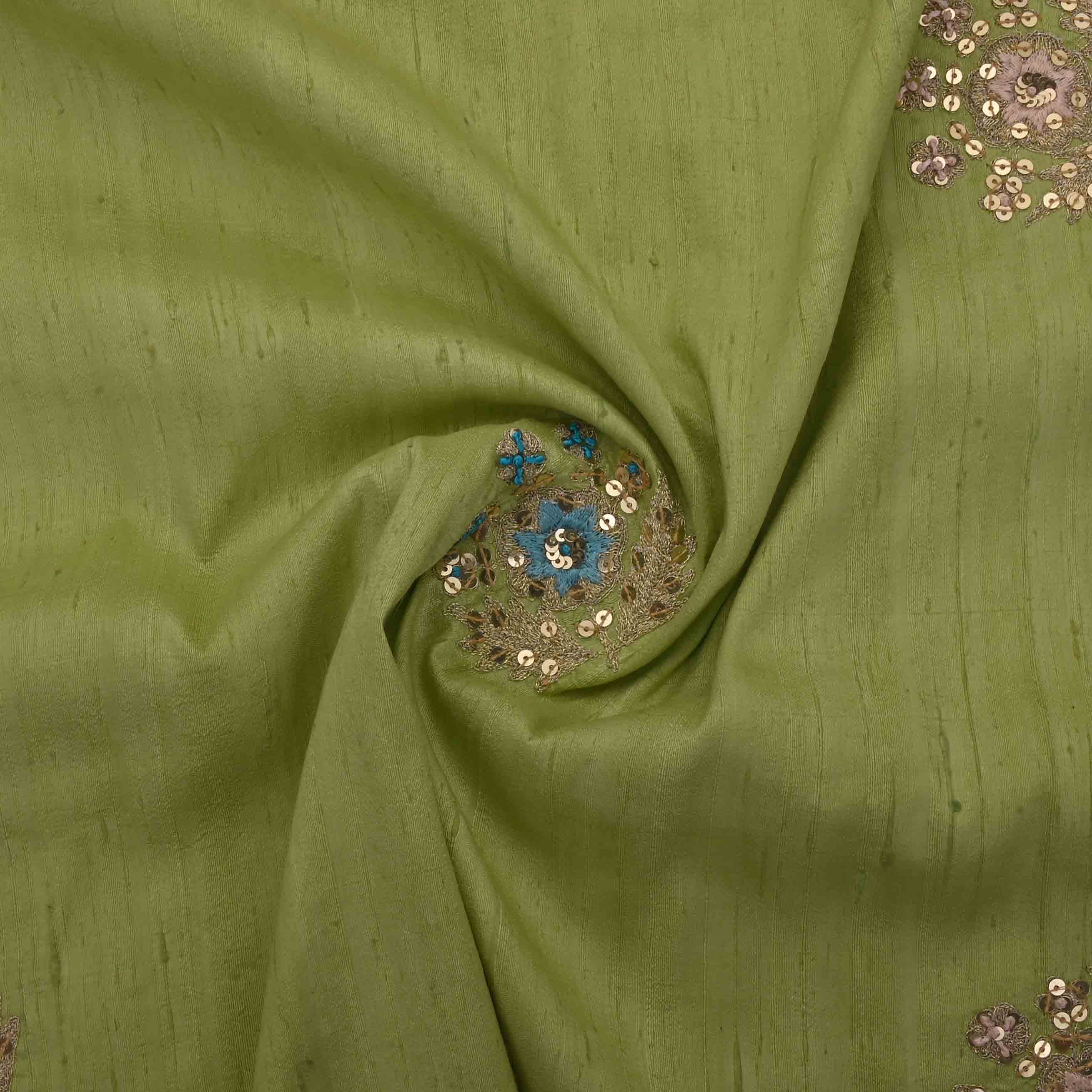 Light Olive Green Dupion Embroidered Fabric