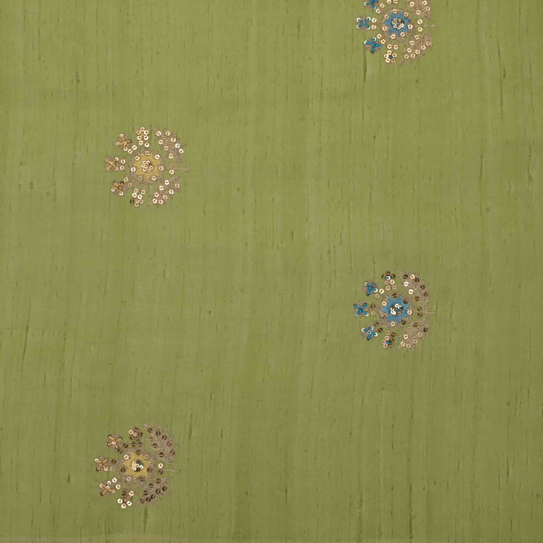 Light Olive Green Dupion Embroidered Fabric