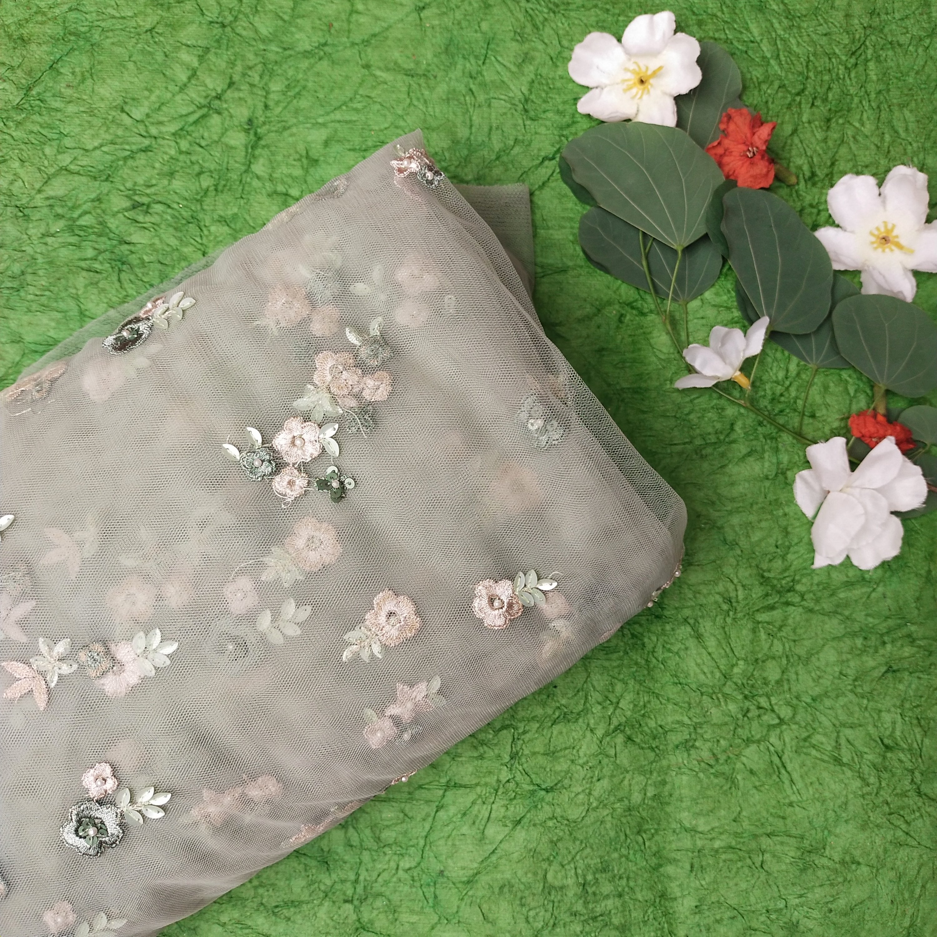 Pearl Grey Net Embroidery Fabric